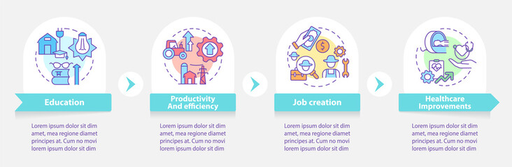 Rural electrification economic benefits round infographic template. Data visualization with 4 steps. Process timeline info chart. Workflow layout with line icons. Myriad Pro-Bold, Regular fonts used