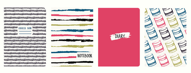 Set of cover page templatesbased on patterns with canned food and lines in the style of pop art, sketch. Pastel backgrounds for notebooks, notepads, diaries, planner. Headers isolated, replaceable - obrazy, fototapety, plakaty