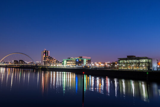 Night view over River Clyde, Glasgow Scotland.