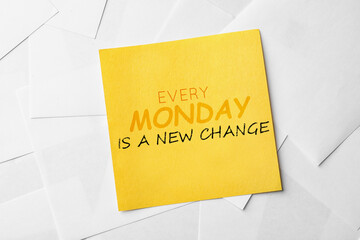 Note with motivational quote Every Monday Is A New Change on paper sheets, top view