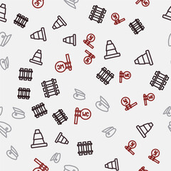 Set line Railway, railroad track, Traffic cone, Train driver hat and Toilet on seamless pattern. Vector