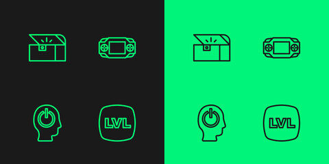 Set line Level game, Power button, Chest for and Portable video console icon. Vector