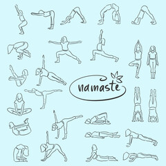 Set of line art yoga pose icons, Yoga woman silhouette illustration. Yoga poses silhouette collection. Vector illustration.