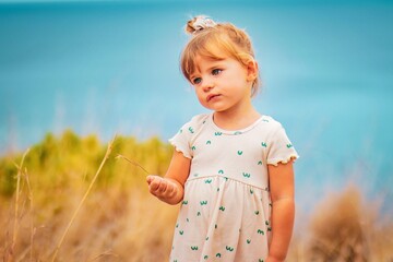 little girl in a field with a beautiful dress 