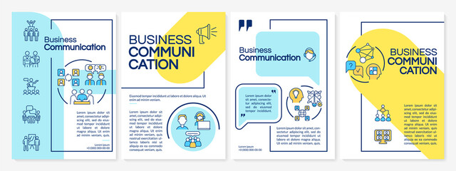 Business communication skills blue and yellow brochure template. Booklet print design with linear icons. Vector layouts for presentation, annual reports, ads. Questrial, Lato-Regular fonts used