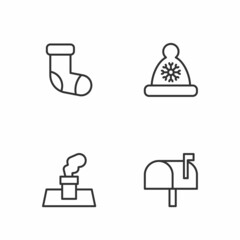 Fototapeta premium Set line Mail box, Christmas chimney, stocking and Santa Claus hat icon. Vector
