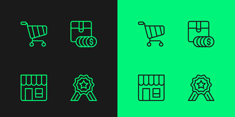 Set line Stars rating, Market store, Shopping cart and Item price tag with dollar icon. Vector