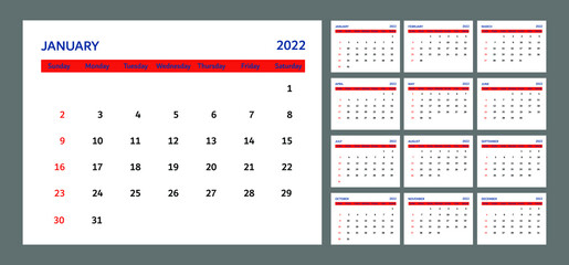 calendar set 2022. calendar template with twelve months on dark gray background. week starts  on sunday