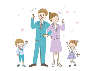 スーツ姿の笑顔の両親と子供達