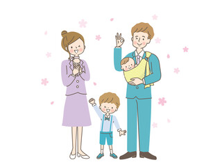 春に出かけるスーツ姿の笑顔の両親と子供達