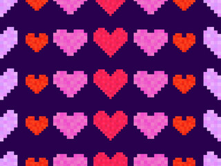 Pixel art hearts seamless pattern. Colorful 8-bit hearts. Retro 8-bit video game. Design for print, wrapping paper and advertising. Vector illustration