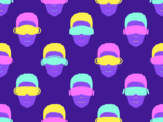 Heads in virtual reality glasses seamless pattern. Human face in VR headset in pop art style. Virtual reality glasses for access to the cyberspace of the metaverse. Vector illustration