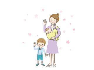 春に出かけるスーツ姿の笑顔のママと子ども達