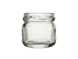 Empty glass jar for canned food and jam, low shape. Isolated on a white background.