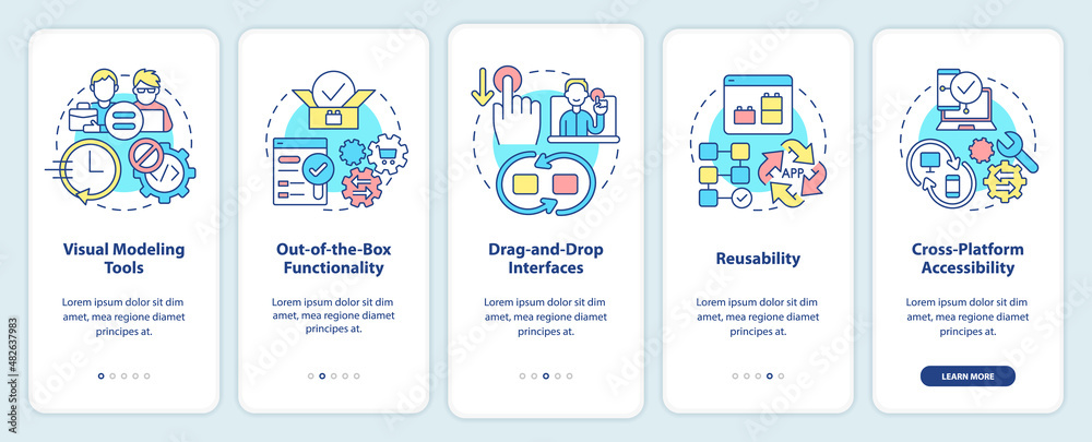 Wall mural low code platforms features onboarding mobile app screen. web 3 0 walkthrough 5 steps graphic instru