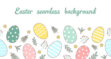 Easter seamless background of colorful eggs and plants
