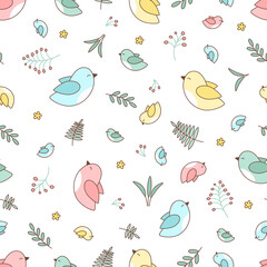 Seamless spring pattern of colorful birds and plants