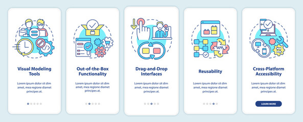 Low code platforms features onboarding mobile app screen. Web 3 0 walkthrough 5 steps graphic instructions pages with linear concepts. UI, UX, GUI template. Myriad Pro-Bold, Regular fonts used