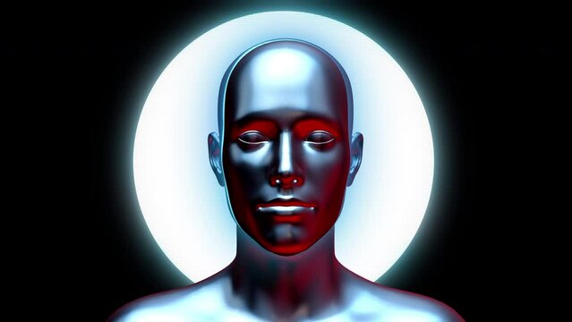 Abstract chrome metal human body with moving face on black background. Modern bright fashion 3d animation. Technological digital vivid concept man or woman. Creative retro futuristic motion art.