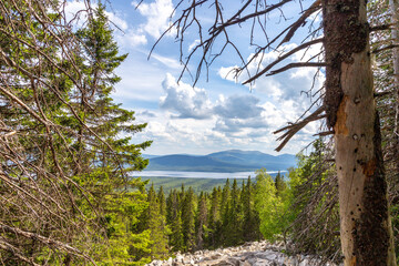 Beautiful view from the Zyuratkul ridge on the Zyuratkul lake. Zyuratkul national Park, Chelyabinsk region, Russia.