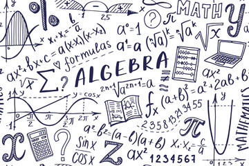 Mathematics doodle seamless pattern. Back to school hand drawn background for notebook, not pad, sketchbook. Algebra or math subject design. Education and study concept. - 482639116