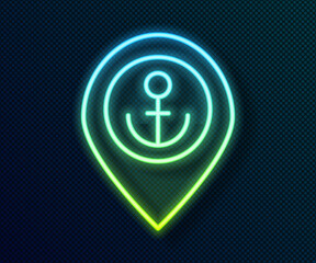 Glowing neon line Map pointer with anchor icon isolated on black background. Vector