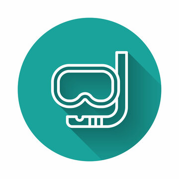 recommend clip art: White line Diving mask and snorkel icon isolated with long shadow background. Extreme sport. Diving underwater equipment. Green circle button. Vector