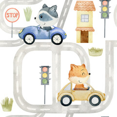 Seamless pattern with childish cartoon town. © Tapilipa