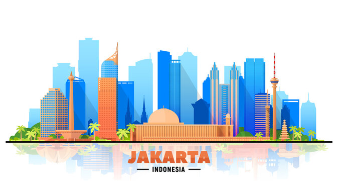 Jakarta (Indonesia) city skyline on a white background. Flat vector illustration. Business travel and tourism concept with modern buildings. Image for banner or website.