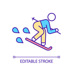 Skiing RGB color icon. Active sport. Leisure time activity. Recreation and competition. Skier equipment. Isolated vector illustration. Simple filled line drawing. Editable stroke. Arial font used