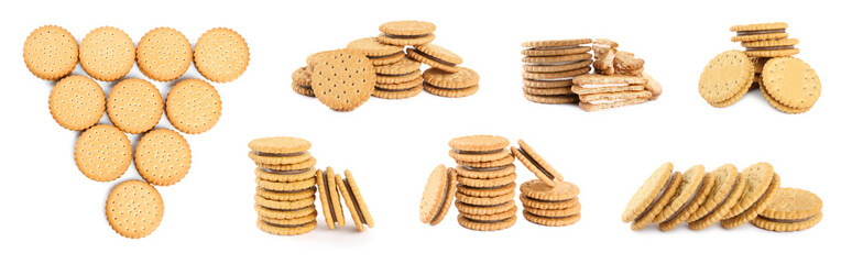 Set with tasty cookies with cream on white background. Banner design
