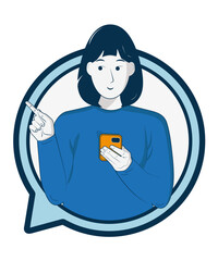 happy girl use smartphones, chat, take selfies and listen to music. Flat vector cartoon illustration  talk and type on the phone. 