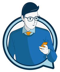 happy men use smartphones, chat, take selfies and listen to music. they talk and type on the phone. Flat vector cartoon illustration.