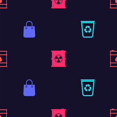 Set Recycle bin with recycle, Shopping bag, Radioactive waste barrel and Oil on seamless pattern. Vector