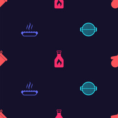 Set Barbecue grill, Hotdog sandwich, Ketchup bottle and Oven glove on seamless pattern. Vector