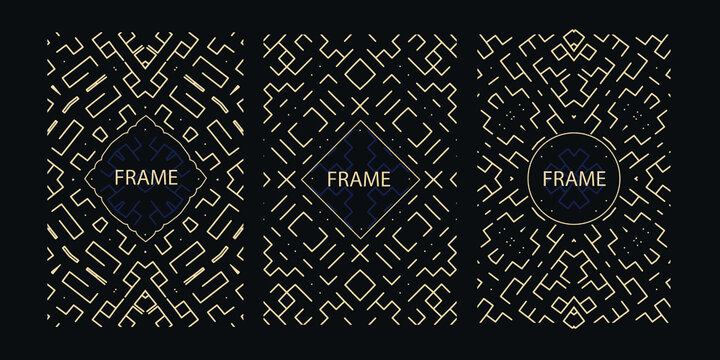 Vector set of geometric frames. Abstract golden premium design templates. Luxury wine products. Linear pattern, vintage ornament. Black background with thin golden lines. Art deco poster elegant cover