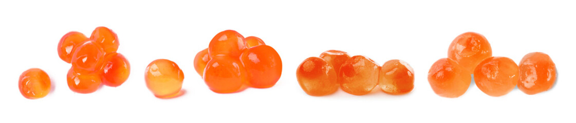 Set with delicious red caviar on white background. Banner design