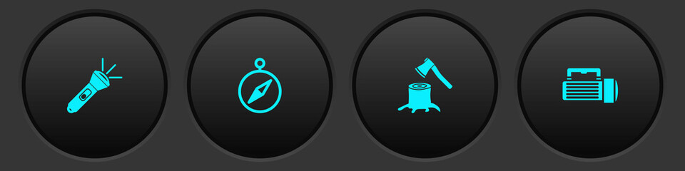 Set Flashlight, Compass, Wooden axe in stump and icon. Vector