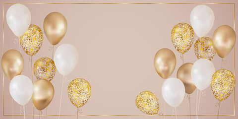White and golden realistic balloons on neutral beige background, vector greeting card template - 482642545