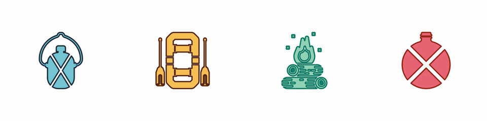 Set Canteen water bottle, Rafting boat, Campfire and icon. Vector