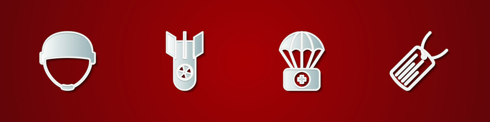 Set Military helmet, Nuclear bomb, Parachute with first aid kit and dog tag icon. Vector