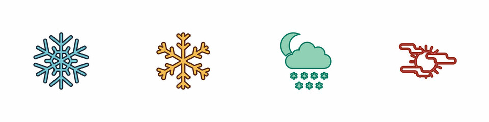 Set Snowflake, , Cloud with snow and moon and Fog sun icon. Vector