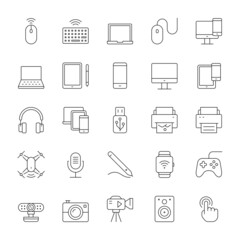 A set of thin line icons that include editable strokes or outlines using the EPS vector file. Device, technology equipment, computer, laptop, mobile phone, tablet, icons, vector illustration.
