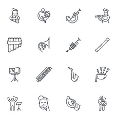 Vector line icon set of musicians playing variable musical instruments isolated