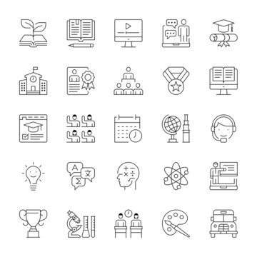 A set of thin line icons that include editable strokes or outlines using the EPS vector file. Education, E-learning, education training class online, icons, vector illustration.
