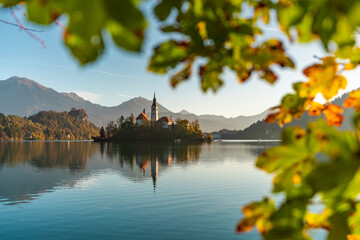 The famous Alpine Lake Bled, Blejsko jezero, in Slovenia, autumn landscape. Fabulous view of the...
