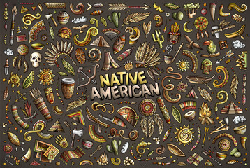 Colorful vector hand drawn doodle cartoon set of Native American objects