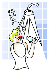 One line drawing of woman singing aloud while taking shower.
One continuous line drawing of woman feel relaxed stress free. 
