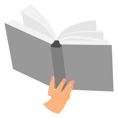 An open book in his hand. A book with paper pages in one hand. Grey mockup. Reading a book, library, bookstore, training, education. Vector icon, flat, isolated