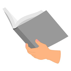 An open book in his hand. One hand, hardcover, paper pages, grey mockup. Reading a book, library, bookstore, training, education. Vector icon, flat, isolated